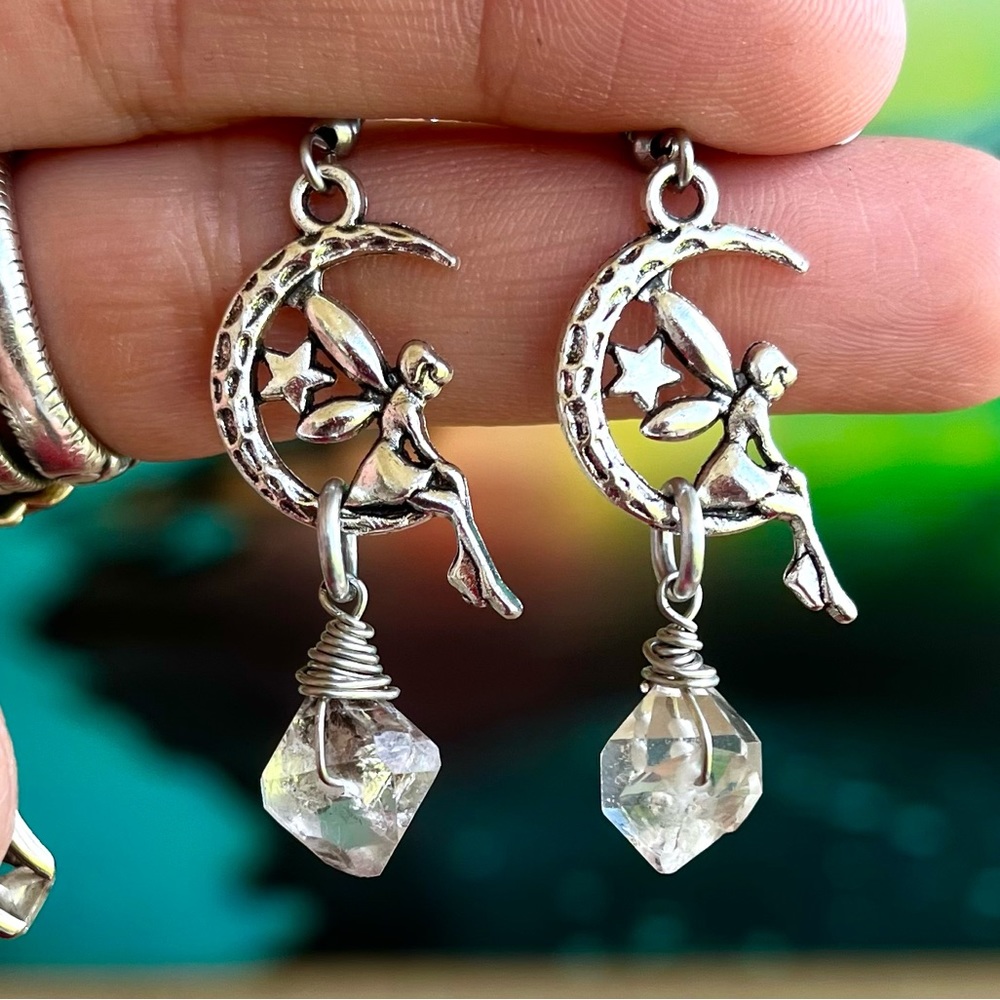 Herkimer diamonds crystals fairy moon charm earrings stainless steel post boho